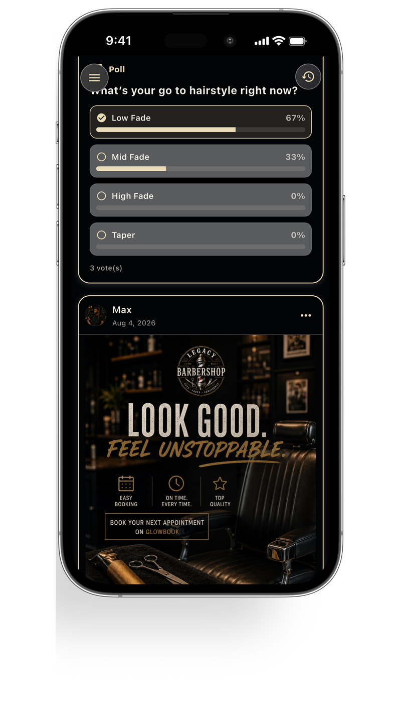 Poll and shop promo post in the GlowBook feed