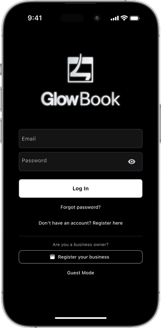 GlowBook login screen with Register your business