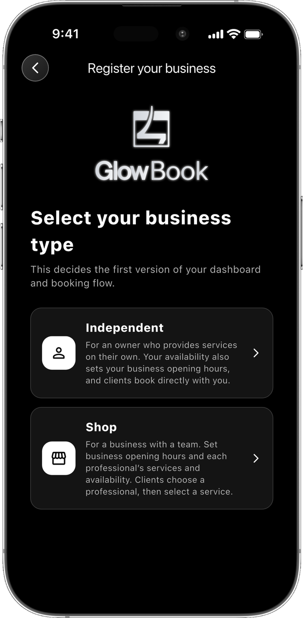 Select your business type: Independent or Shop