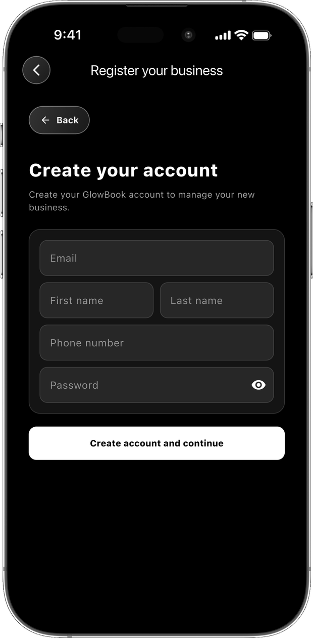 Create your account screen