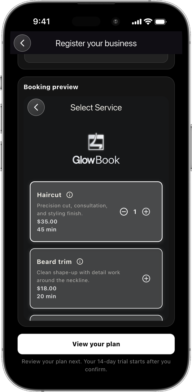 Booking preview showing your branded service list