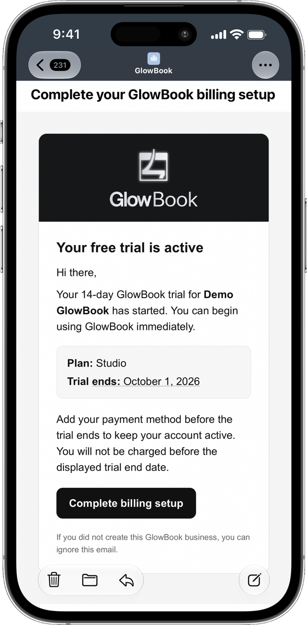 Confirmation email: complete your GlowBook billing setup