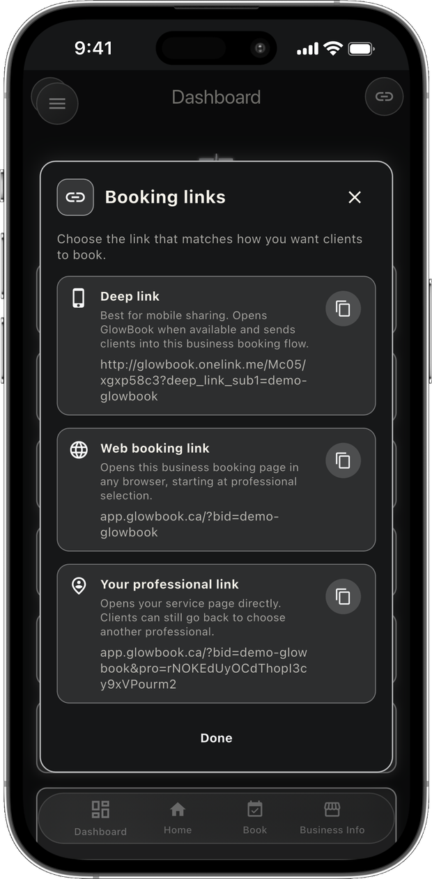 Dashboard showing booking links